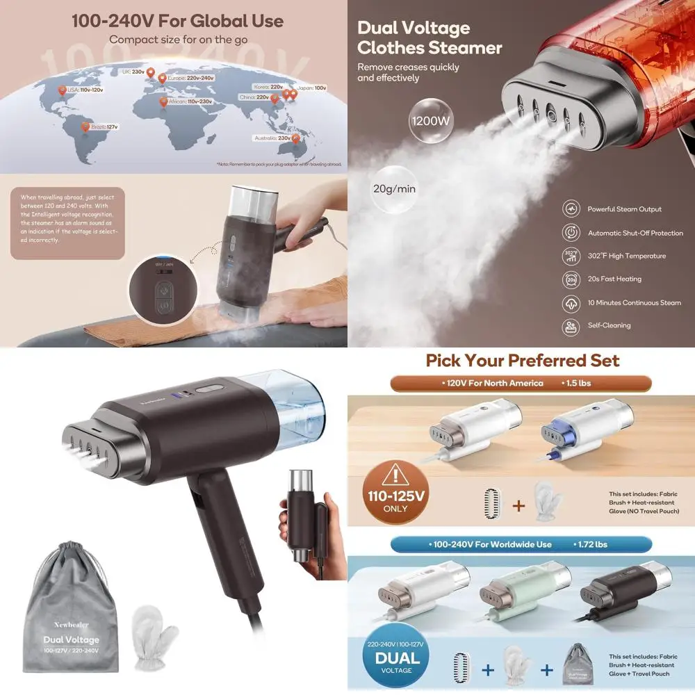 

Портативный мощный отпариватель 1200 Вт с двойным напряжением, быстрый нагрев за 20 секунд, резервуар для воды 180 мл, вес 1,72 фунта, складной, коричневый