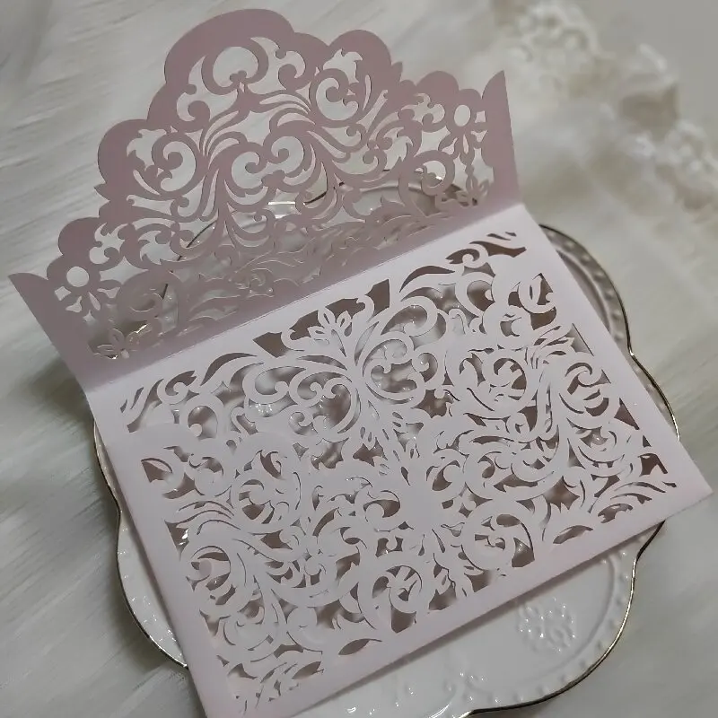 50pcs Laser Cut Blush Pink Invitations Cards Pockets Floral Design for Wedding Bridal Shower Birthday Quinceañera Invite