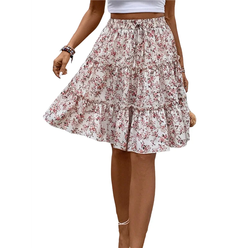 

Women's Floral Print Ruffle Hem Elastic High Waist Tie Front Skirt-A55G