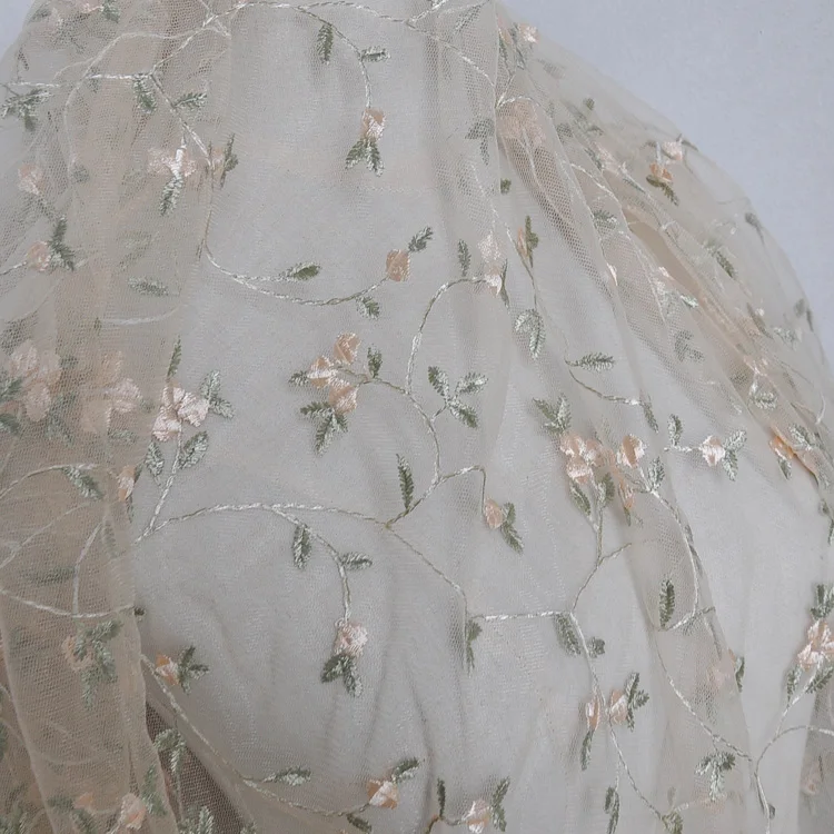 White beige mesh Embroidered lace Fabric Rose Small flower Foliage clothing doll skirt accessories mesh gauze