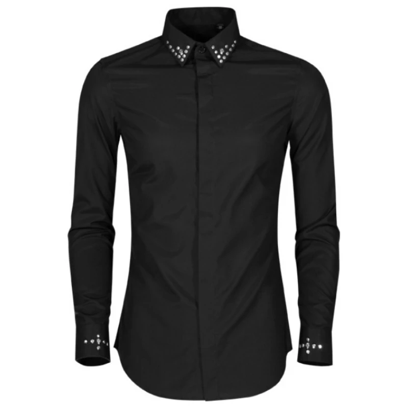 Skull Head Willow Nail Decorative Men's Shirt Long Sleeved Social Banquet Party Shirt Fashion Slim Casual Business Dress Shirts