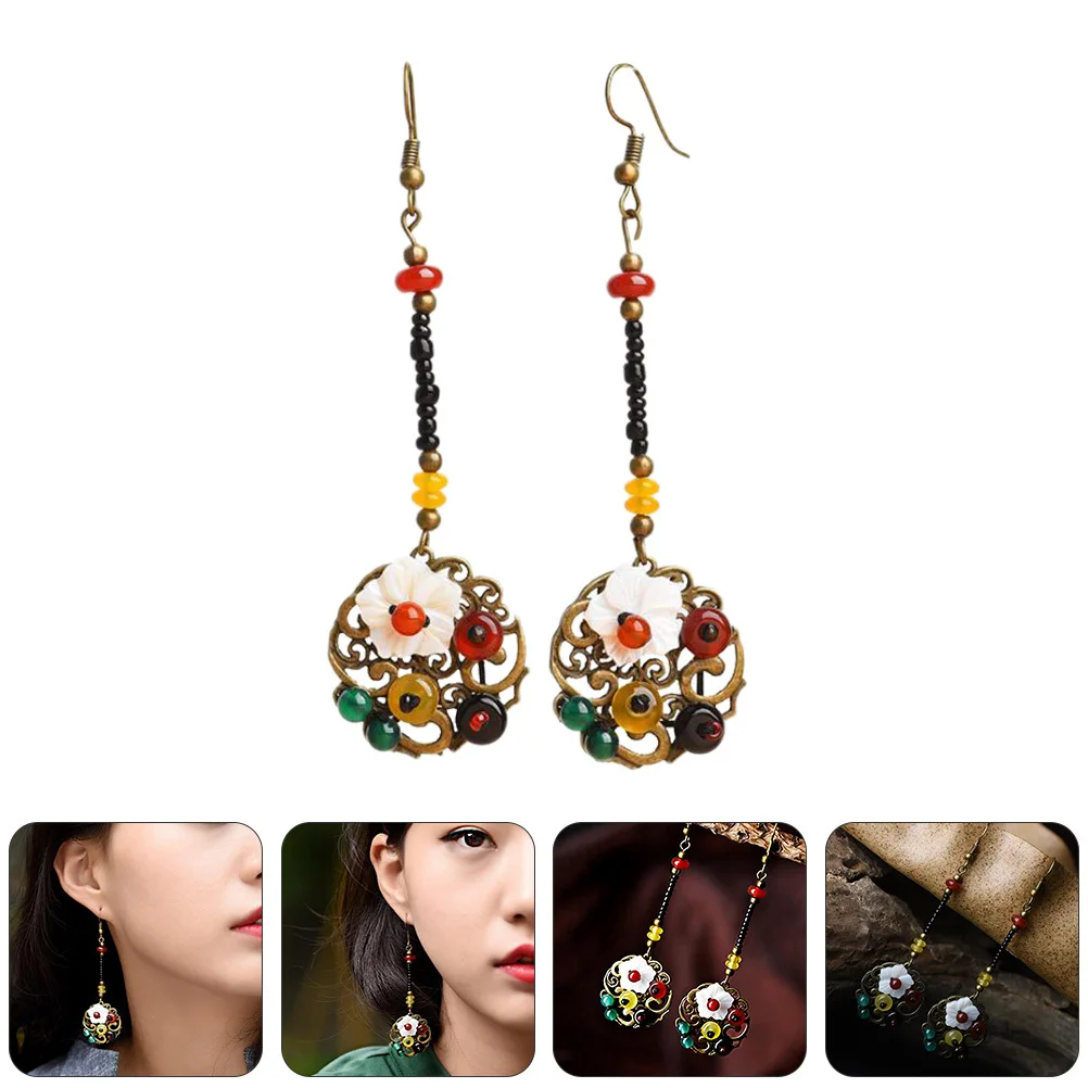 

1Pair Retro Chinese Style Shell Leaf Earrings Chic Dangle Party Jewelry Women Ear Drops Elegant Long Ear Dangler Fashion