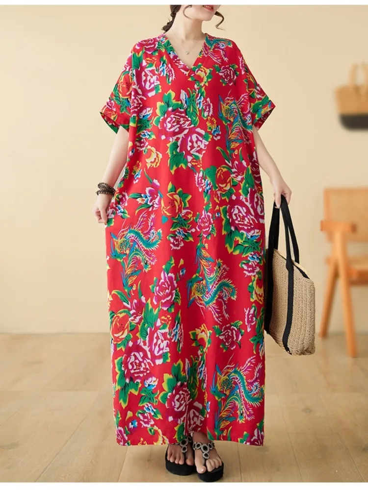 Oversized Zomer V-Hals Lange Gewaad Jurk Vrouwen Losse Ruche Geplooide Dames Jurken Bloemenprint Mode Vrouw Jurk