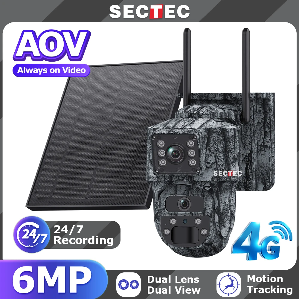 AOV 7/24 Recording Solar Camera SECTEC Lower Energy Consumption PIR Detection+Human Detection AI Designated Area Detection IP65