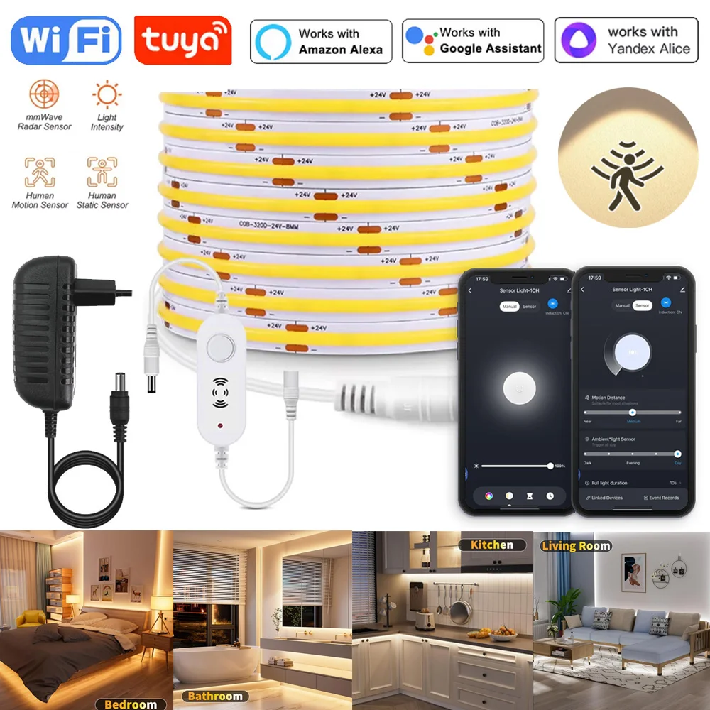 

Tuya Wifi Dimmer MmWave Human Presence Motion Sensor 12V FOB COB LED Strip Lights High Density Flexible Diode Tape Light 1m-5m