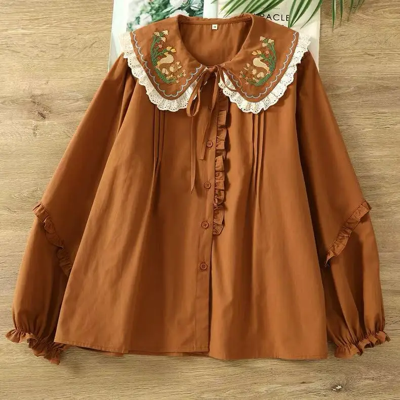 2026 Japanese Kawaii Lolita Lace Patchwork Blouses Women 100% Cotton Cartoon Embroidered Shirts Spring Girl Bow Tops