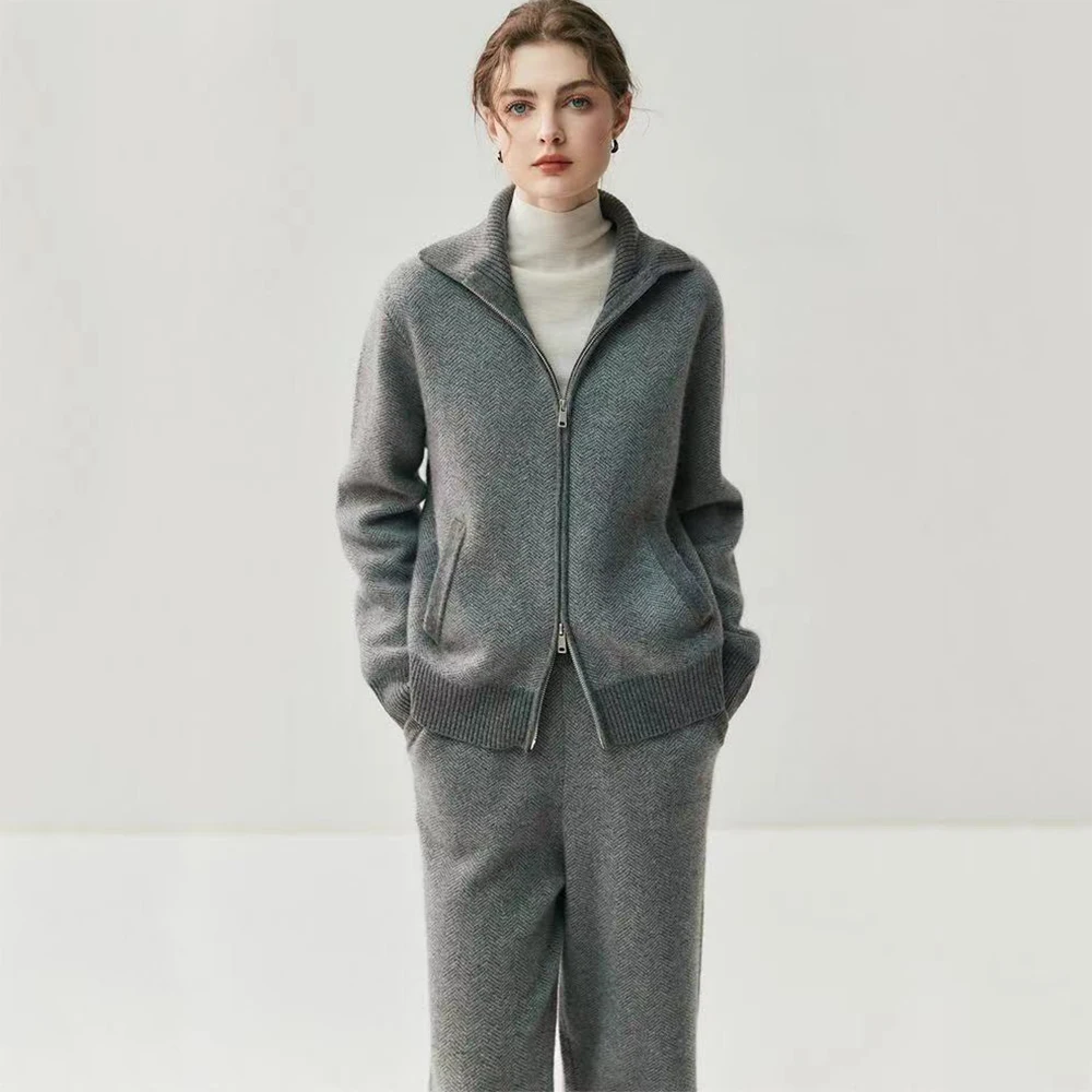 

Женский комплект Luxyonuo: кардиган из 100% кашемира и брюки с широкими штанинами, новинка весны 2026, свитер на молнии, повседневный осенний теплый наряд для женщин