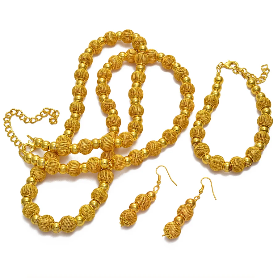 Anniyo 82cm Beads Necklace & 24cm Bracelets and Ball Earring for Women Fashion Gold Color Ball Jewelry Party sets #221806