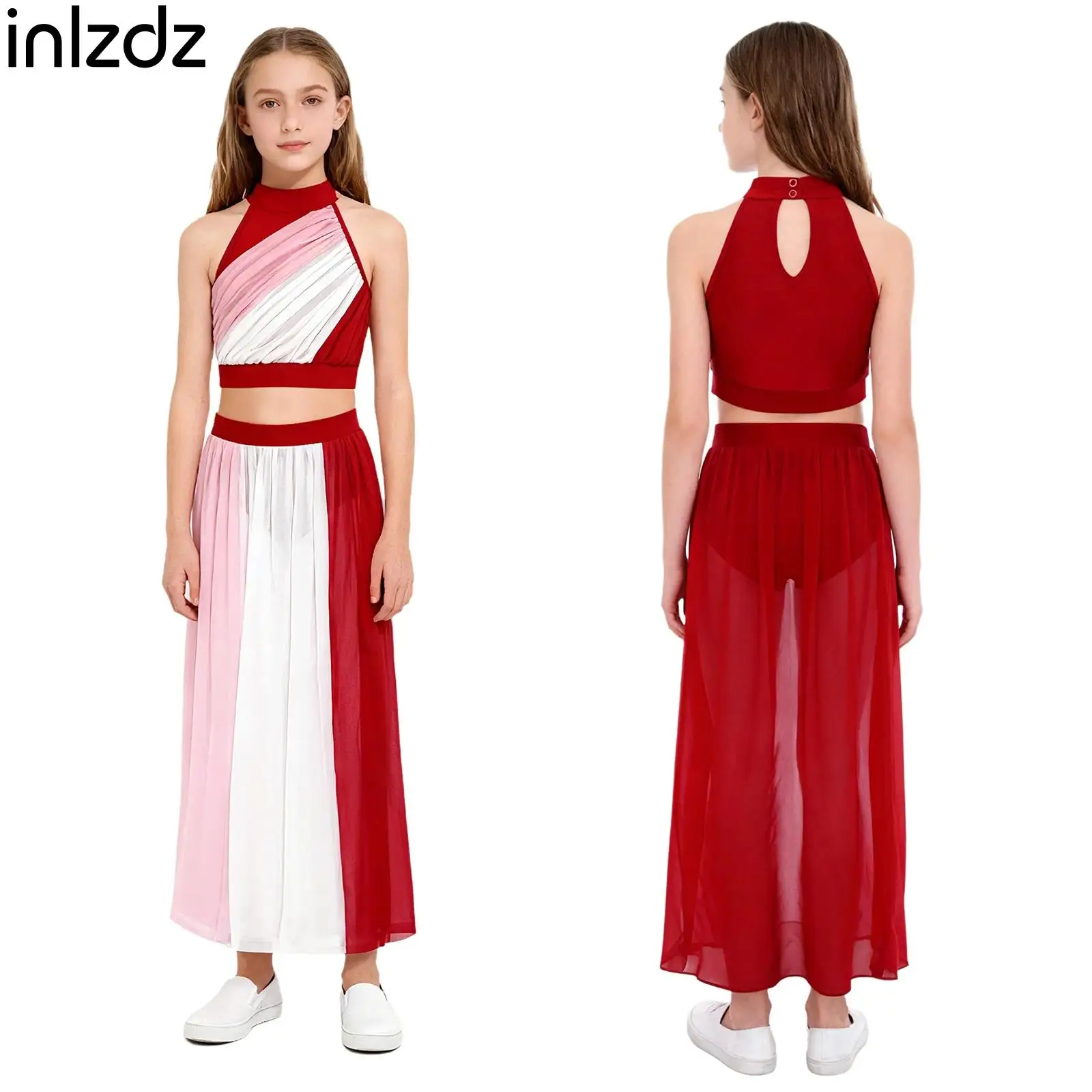 

2 Pcs Kids Girls Lyrical Dance Costumes Sleeveless Color Block Ruched Front Keyhole Back Crop Top with Split Flowy Chiffon Skirt