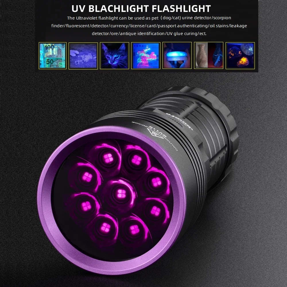 LCD High Power 9x365nm UV LED Flashlight Charging Blacklight Curing CatDog Urine Stain Tinea Marker Ore Money Scorpion Lamp