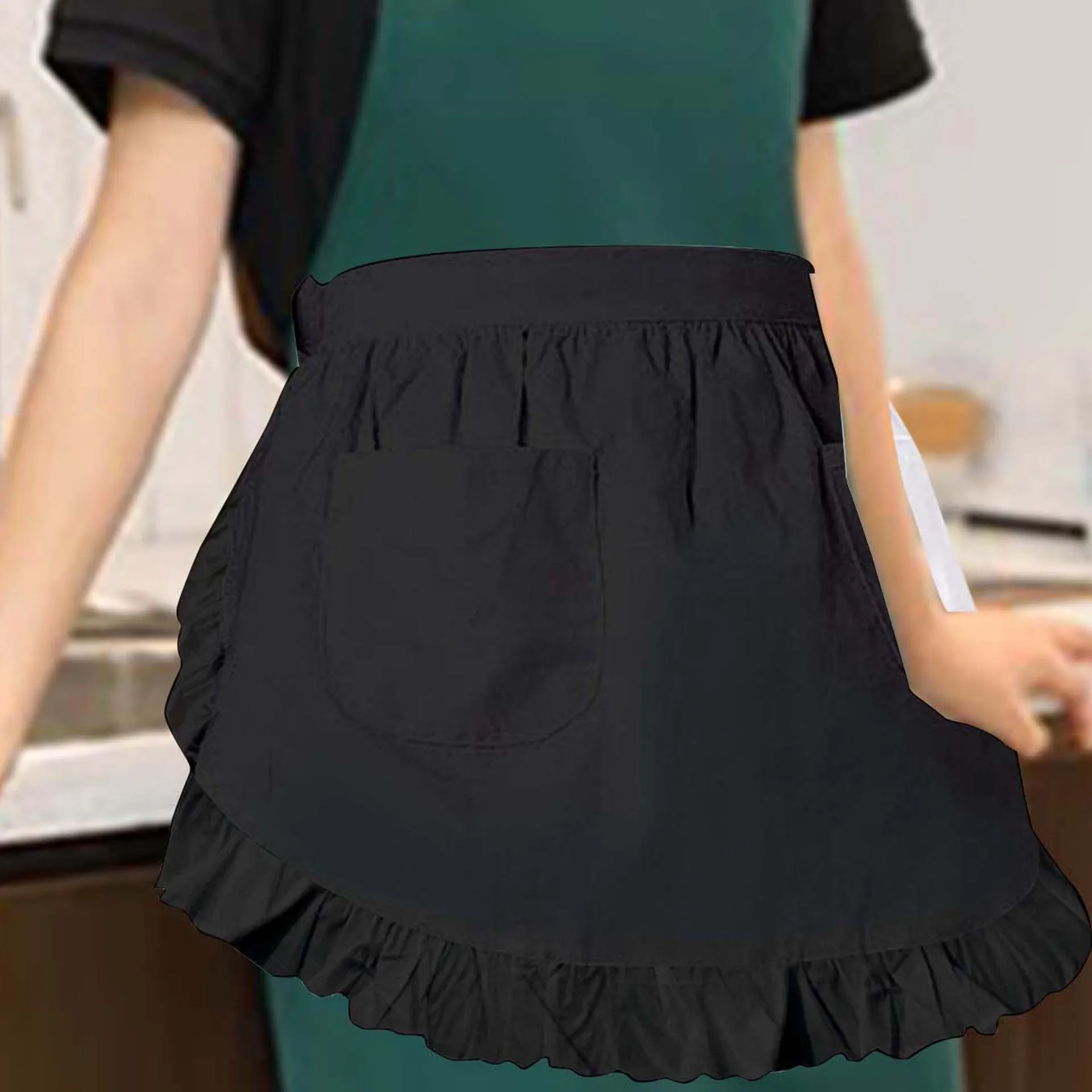 1 Piece Women\'s Cute Half Waist Apron with Wrinkled Edges White Home Kitchen Cleaning Waiter Apron Maid Role Play