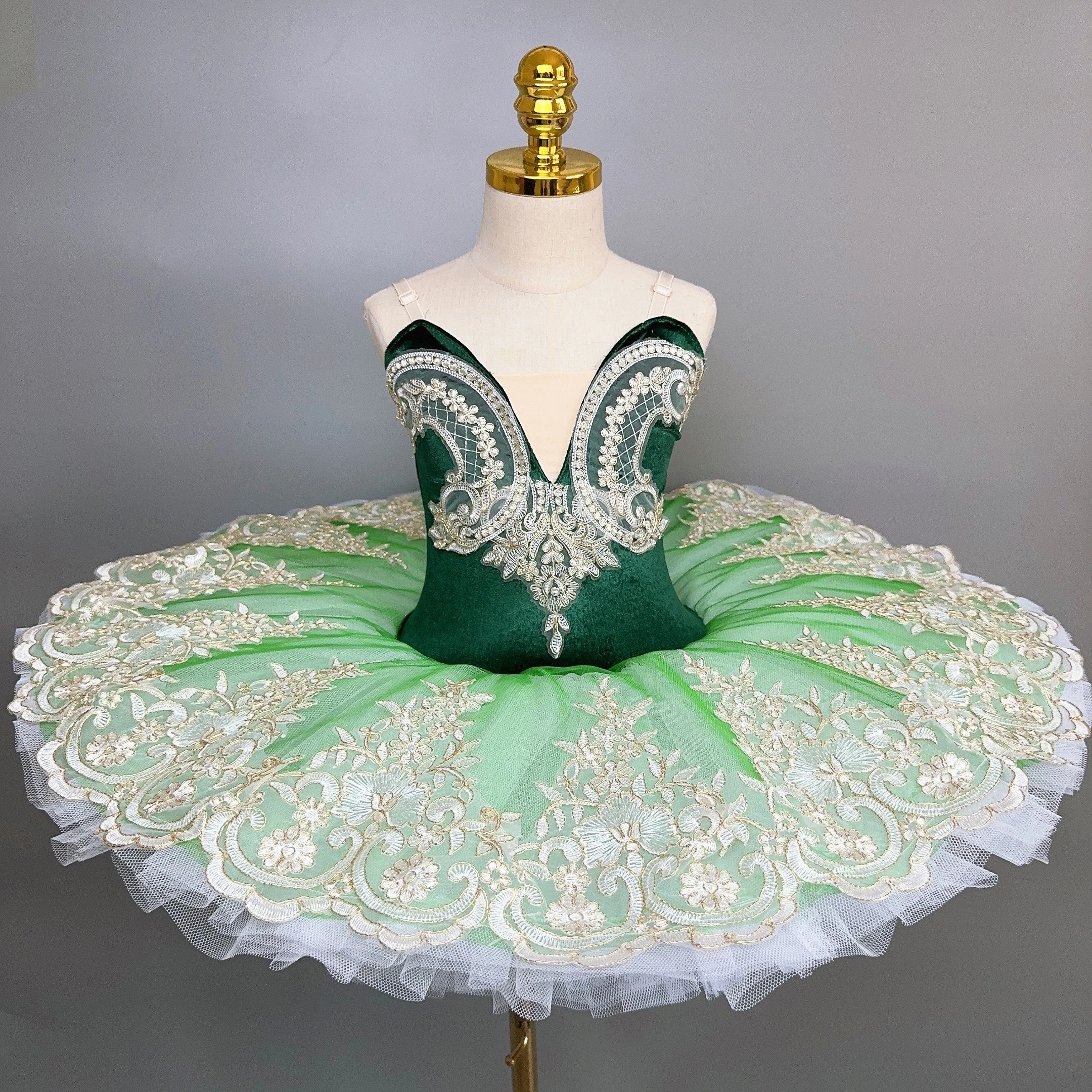 Robe de Ballet Professionnelle pour Fille Adulte, Tutu de brev, Costume de Ballerine, Vert, Brodé, Crêpe, FzLake