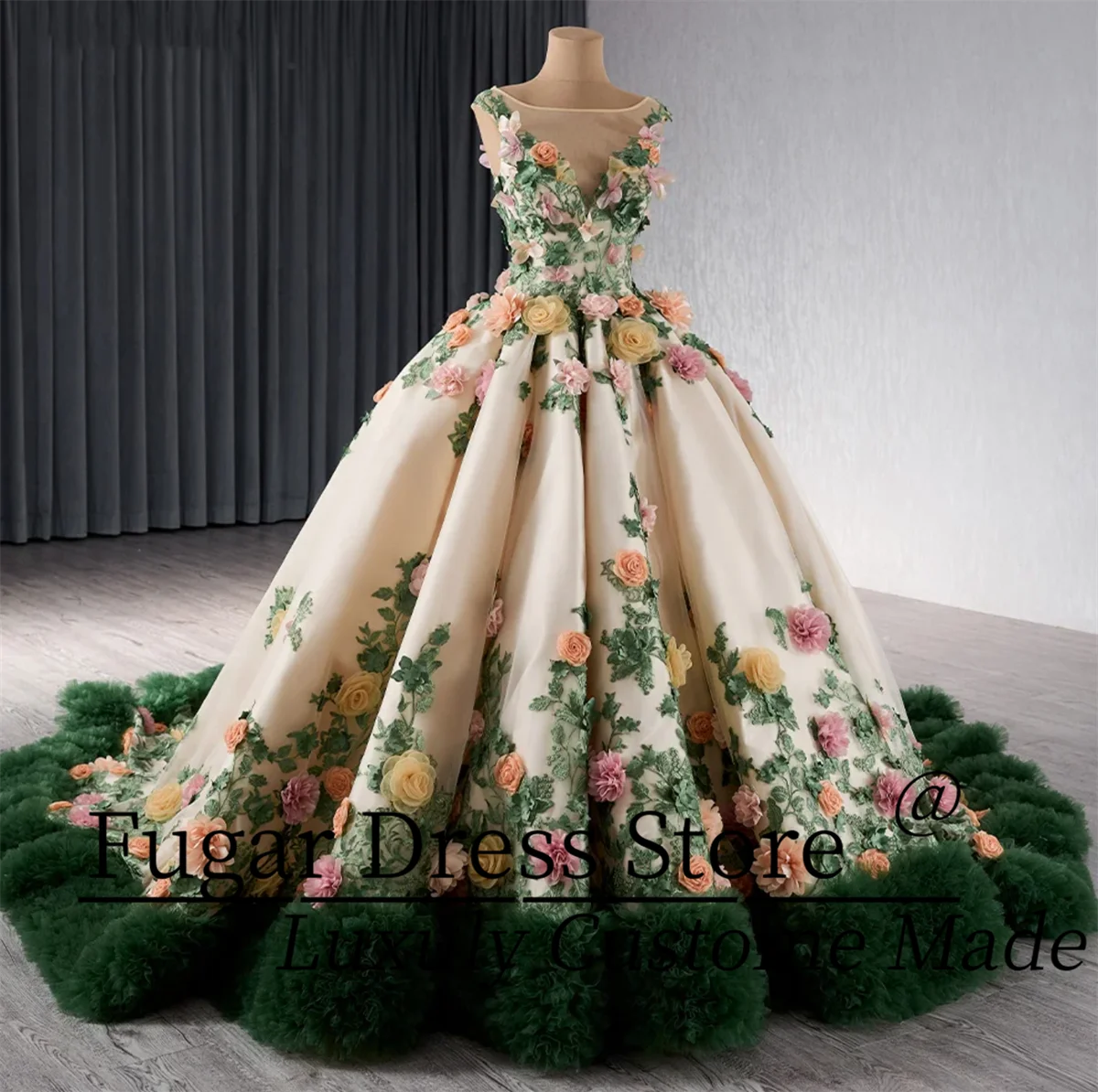 Pretty Ball Gown Quinceanera Dresses Exquisite 3D flowers Shiny lace ribbon tie back Prom Dress 15 Anos Vestido Customized Size