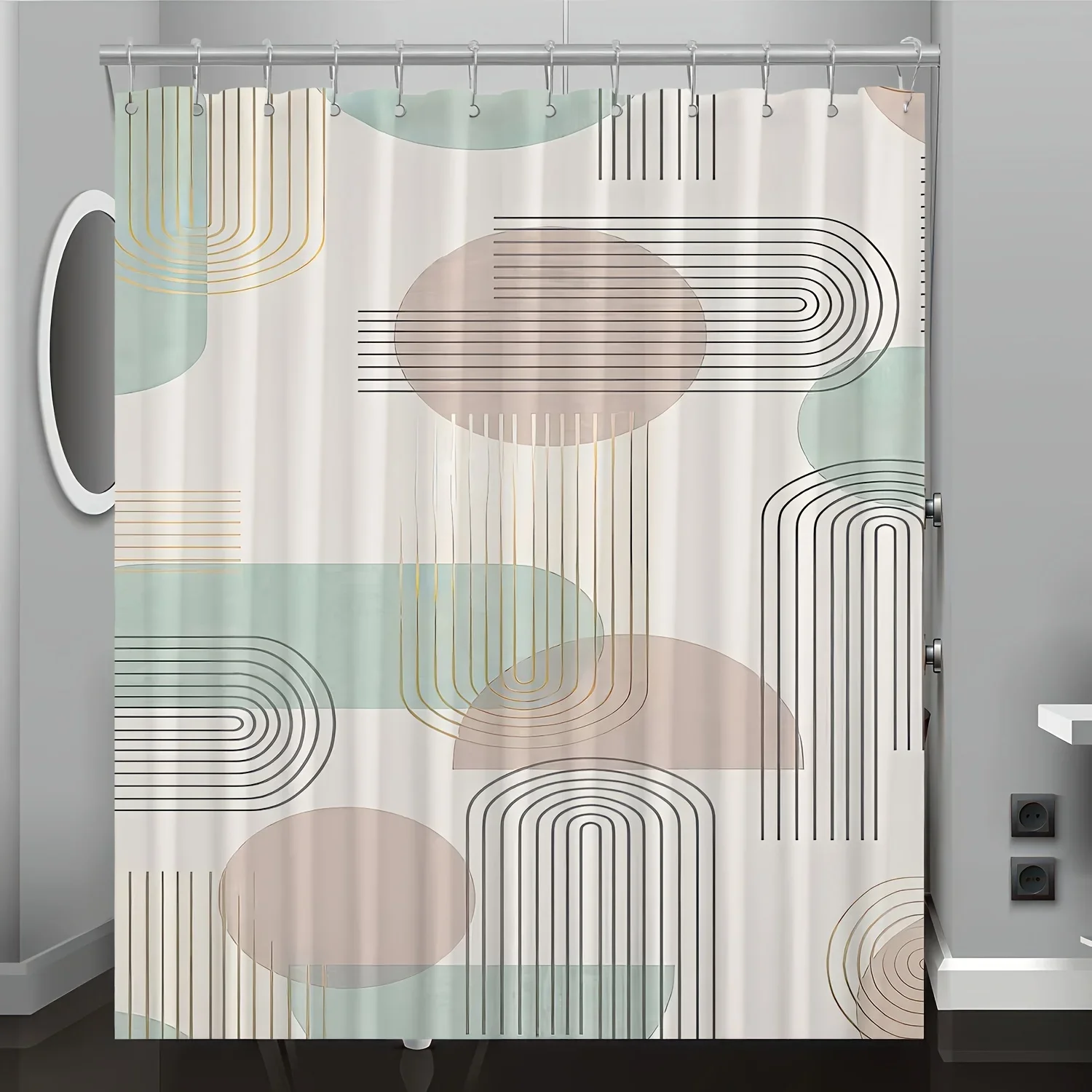 1 ستارة دش أنيقة بطباعة هندسية - بيج فاتح مع دوائر وخطوط ناعمة، بوليستر قابل للغسل في الغسالة، متضمنة الخطاف #2