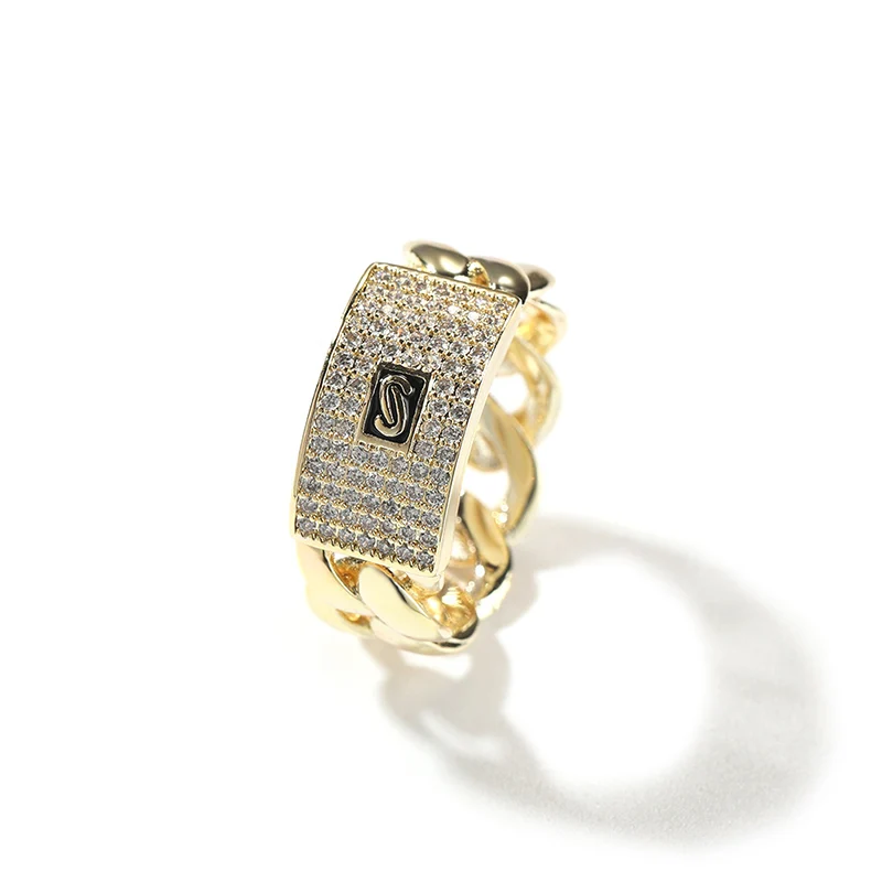 Hip Hop Rapper 5A+ CZ Stone Paved Bling Ice Out Cuban Chain Logo Finger Rings for Men Jewelry Gold Color Drop Shipping