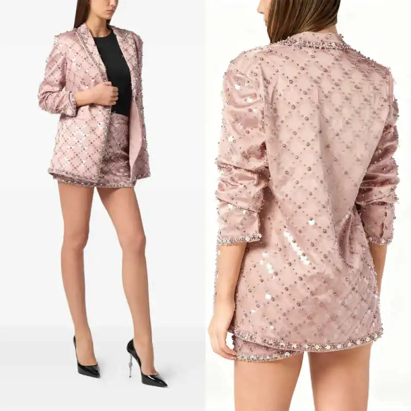 

Fashion Women Suit 2 Piece Blazer Skirt Long Sleeve Bead Pearls Crystal Waist Slimming Formal Party Prom Street Wear Customized