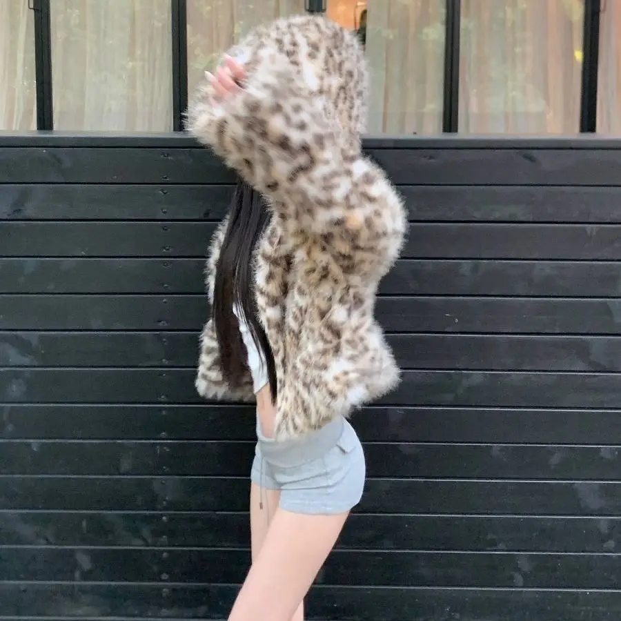Women's Leopard Print Faux Fox Fur Hooded Coat Hidden Button Short Thickened Luxury Eco Fur Jacket Parkas Top for Fall Winter