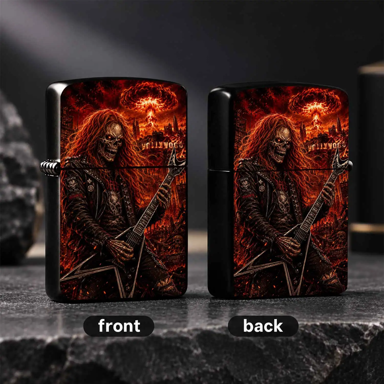 Hardcore Rock Skeleton Guitarist Themed Decor, Apocalyptic LA Nuclear Explosion Art Stylish Accessory, Cool Unique Portable Ornament, Vibe Boosting Desktop Decor, Ideal Gift Choice For Trendy Art A Humorous And Interesting Lighter