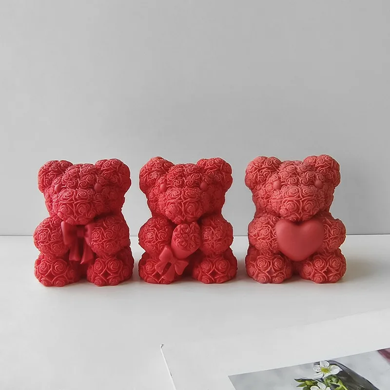 Valentine's Day Rose Love Bear Silicone Candle Mold 3D Small Animal Candle Plaster Soap Making Molds DIY Handmade Crafts Gift