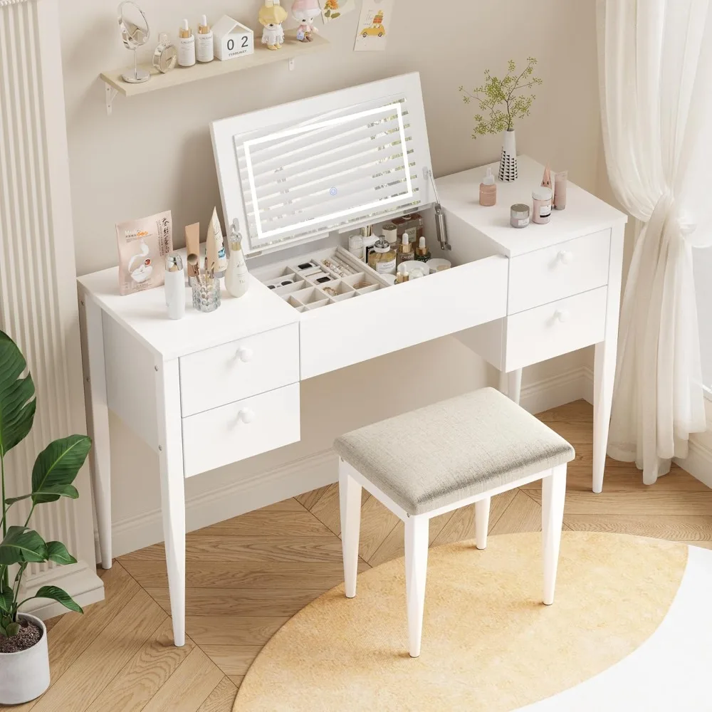

LED Mirror Makeup Vanities, Makeup Vanity Desk with Lighted Mirror and Stool for Bedroom, Girls Women Gift, Make Up Desk Set