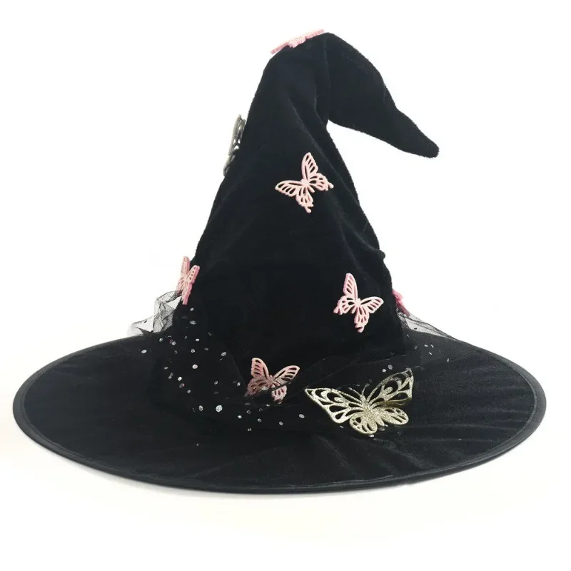 Women Hot Sale New Pleated Party Decor Halloween Witch Hat Curved Bow Mesh Witch Cap EU US