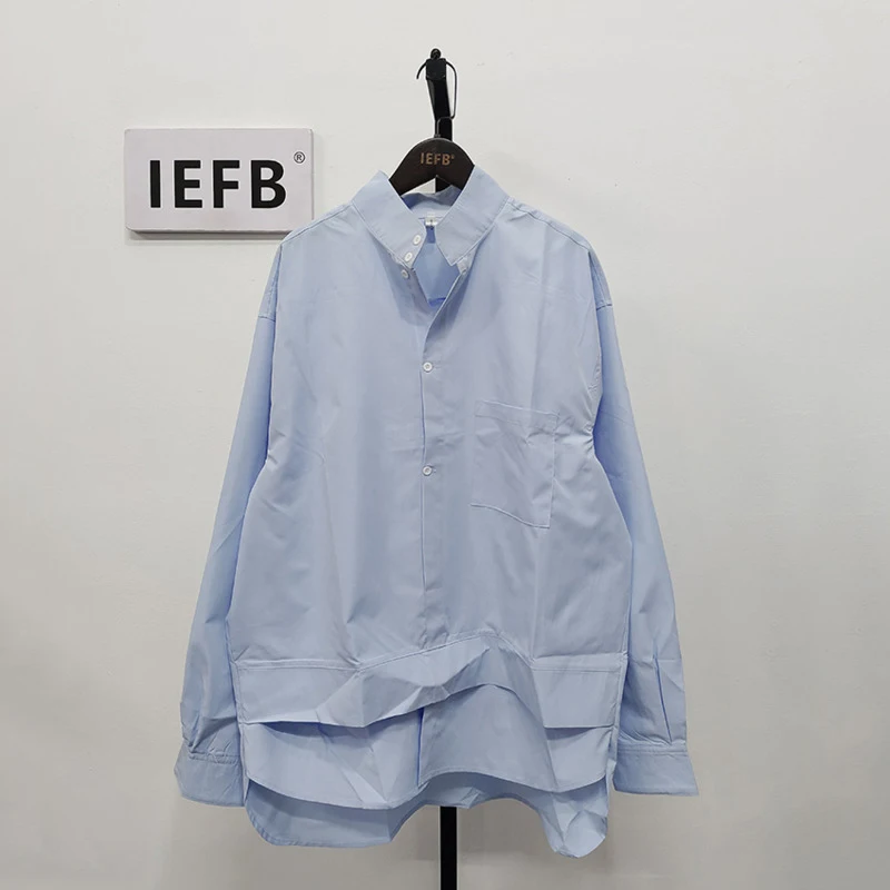 IEFB 2024 New Fashion Men\'s Casual Shirts Long Sleeve Two-piece Patchwork Male Shirt Summer Lapel Korean Style Simple Top 9Y1070