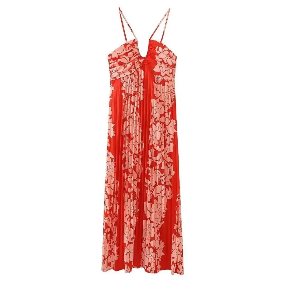 

Print Print Slip Long Dress Open Back Pleated Hanging Neck Dress Off Shoulder High Waist Backless Maxi Dress Beach Outfit