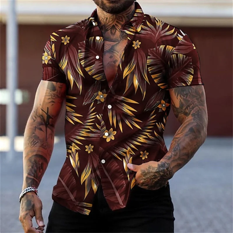 Men\'s black and gold flower shirts Summer plant print lapel shirt Hawaiian style beach short sleeved button up