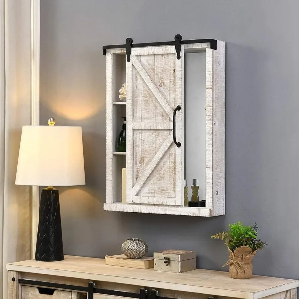 

Off-White Winona Barn Door Mirrored Cabinet, Storage with Shelves for Bathroom, Kitchen and Office, Wood, Farmhouse, 28 x 21