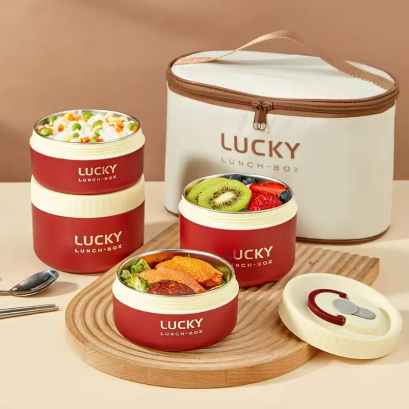

Портативный изолированный ланч-бокс из нержавеющей стали 304/316 со столовыми приборами и термосумкой, герметичный безопасный контейнер для еды в микроволновой печи