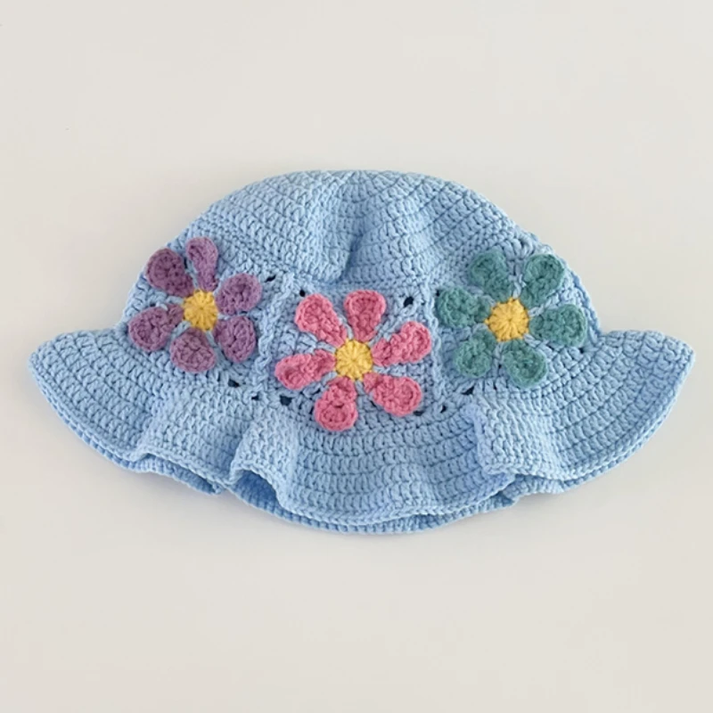 Japanese Niche Colorful Flowers Hollow Knitted Bucket Hats for Women Spring and Summer Vacation Fashion Versatile Basin Caps