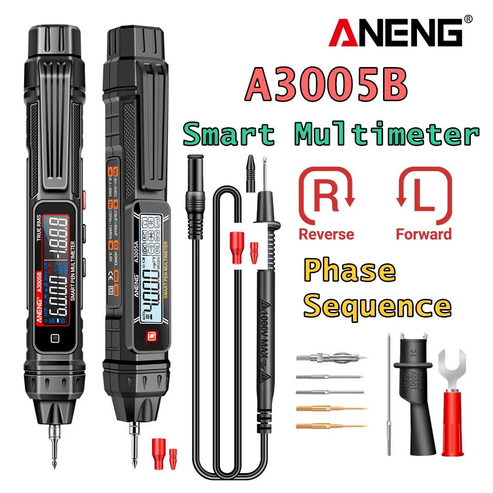 ANENG A3005B multímetro Digital medidor pluma Detector de secuencia de fase 6000 recuentos medidor de voltaje CA/CC Ohm temperatura diodo electricista también