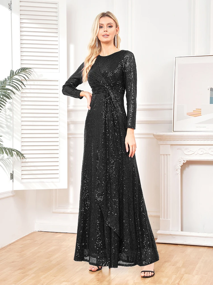 Xuibol Luxus Langarm O-Ausschnitt Abendkleid elegante Party Frauen Hochzeit Pailletten für weibliche blaue Abschluss ball Cocktail kleider