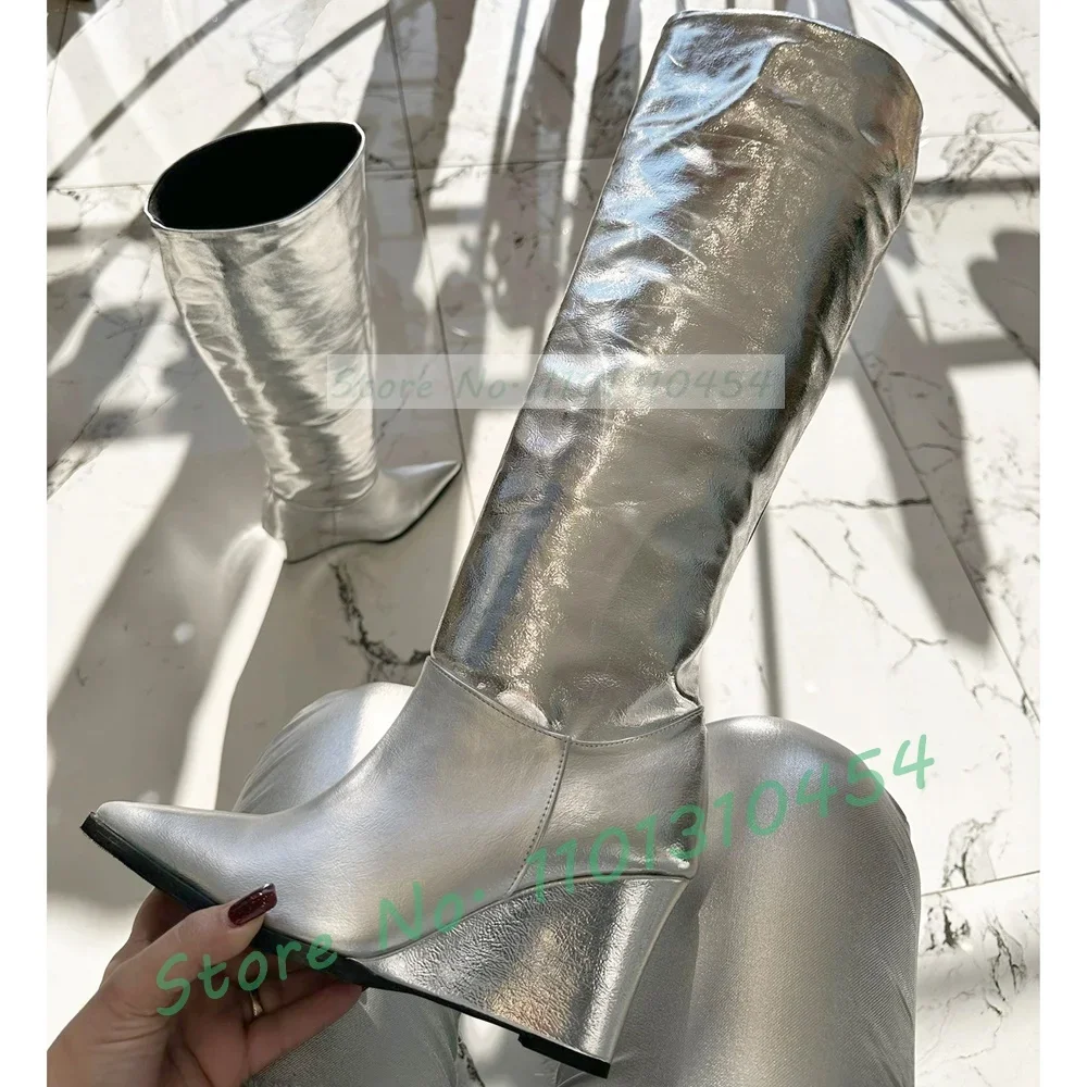 Metallic Wedges Long Boots Women Glossy Pointy Toe Gold White High Top Boots Ladies High Heels Winter Streetwear Dress Shoes image 4