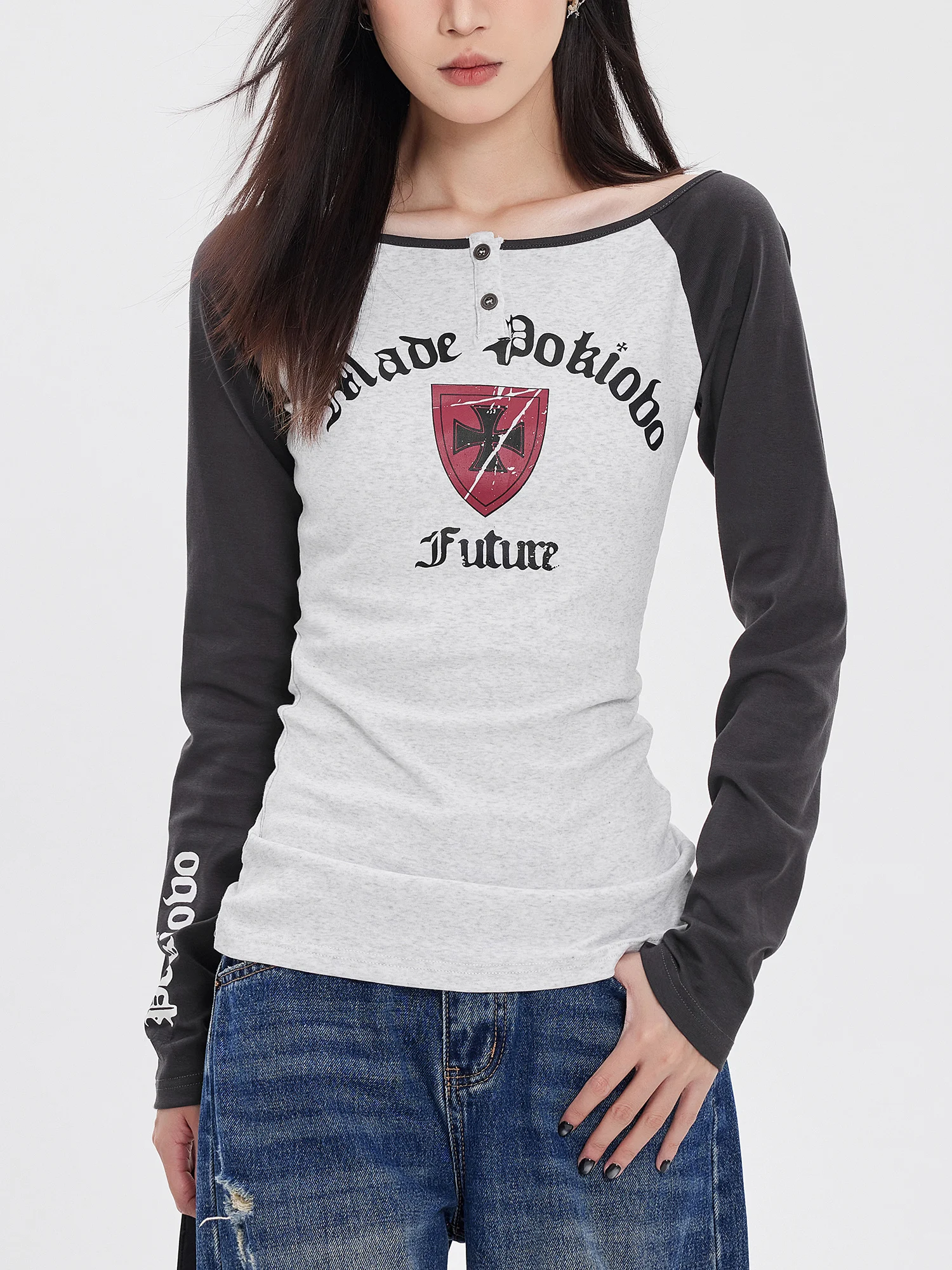 

Street Sle Long Sve T-irt Women's oulder Print Crossbody Top ey Floral Splicing One oulder American Hot Girl T-S...