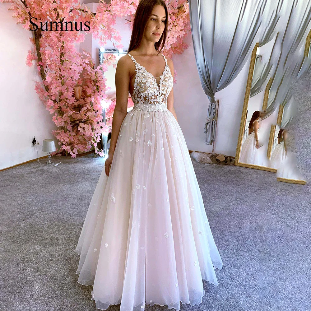 Boho vestidos de casamento apliques artesanais tule profundo decote em v cintas espaguete a linha vestido noiva sem costas vestidos de noiva até o chão