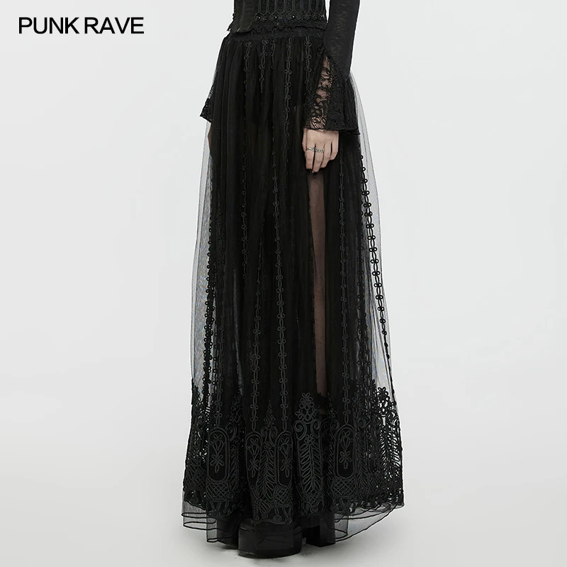 PUNK RAVE Women's Gothic Dark Color 3D Floral Mesh Embroidered Skirt Nobility Mystery Draped Fluffy Long Skirt Women