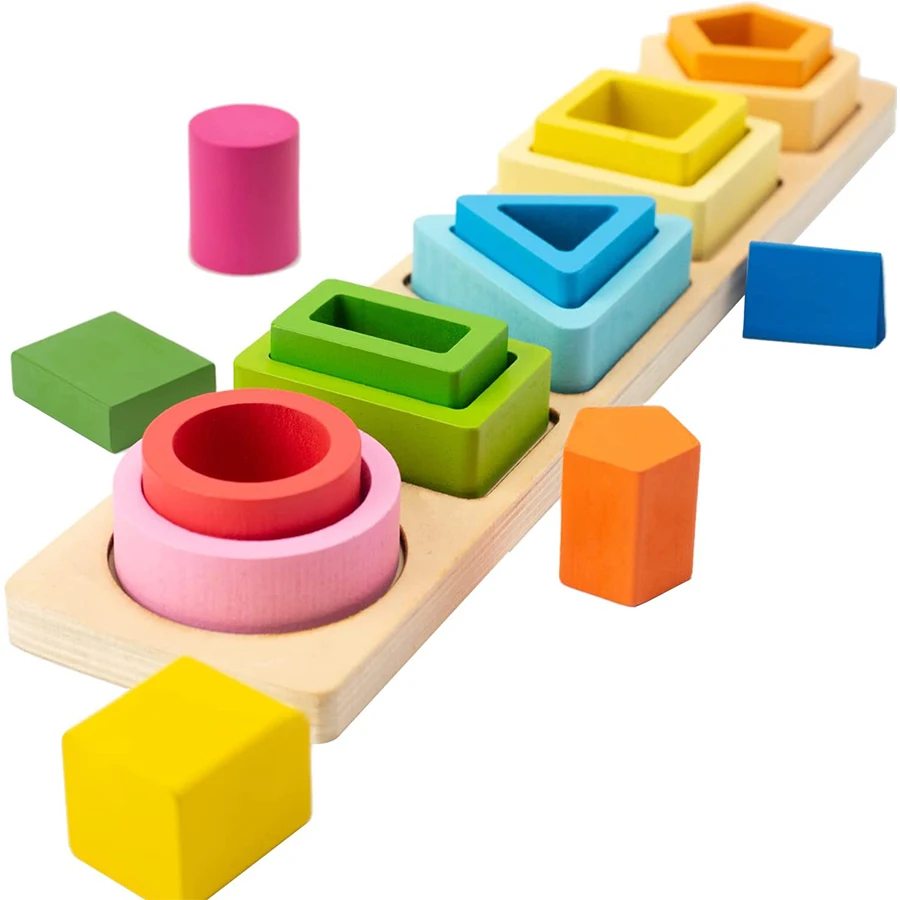 Montessori Wooden Geometric Shape Five Sets of Columns Blocks Assembling Children's Enlightenment Early Education Puzzle Toys