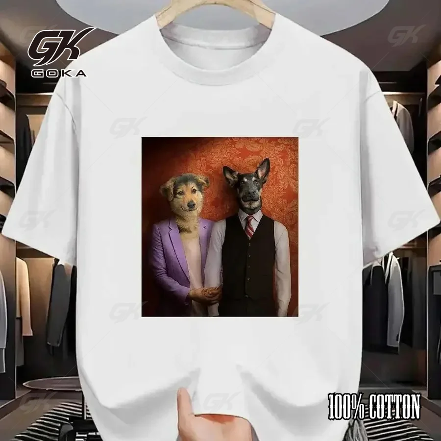 Vintage Dog Couple Portrait T-Shirt, Unisex Clothes White Funny Anthropomorphic Dogs in Suits Tee, Pet Lover Casual Streetwear