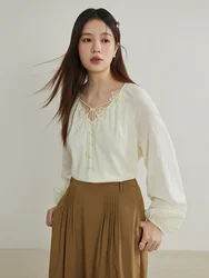 DUSHU French Loose V-neck Shirt Spring New Product Gentle Versatile Shirt Casual Loose Women Beige Shirts 24DS81244