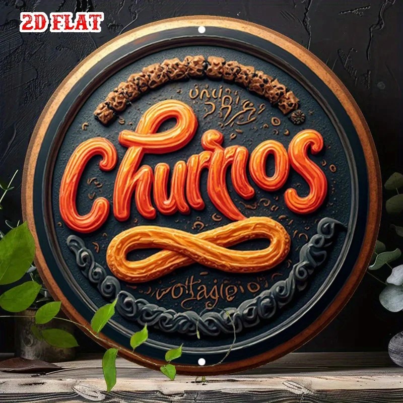 Letrero Metálico Redondo Retro de Churros, Decoración de Pared Vintage para Cocina y Cafetería