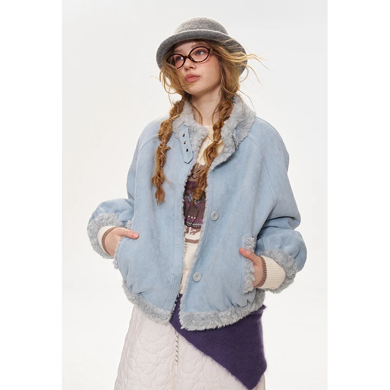 ELFSACK Women's Fuzzy Trim Wool Coat with Stand Collar, Casual Loose Outerwear for Winter