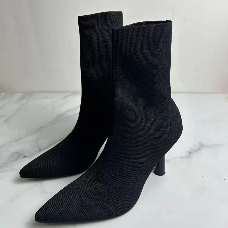 TRAF 2024 Woman Black Knitted Ankle Boot Sexy Elastic Fitting Stiletto Socks Boots For Women Fashion Point Toes High Heel Shoes