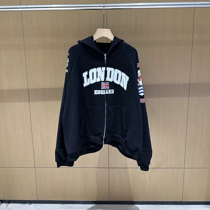 Washed Splice Hole Damaged Project GR Embroidery Patch Label Hoodies Men Women Chest Flag Sleeve Badge Print Hooded Pullover