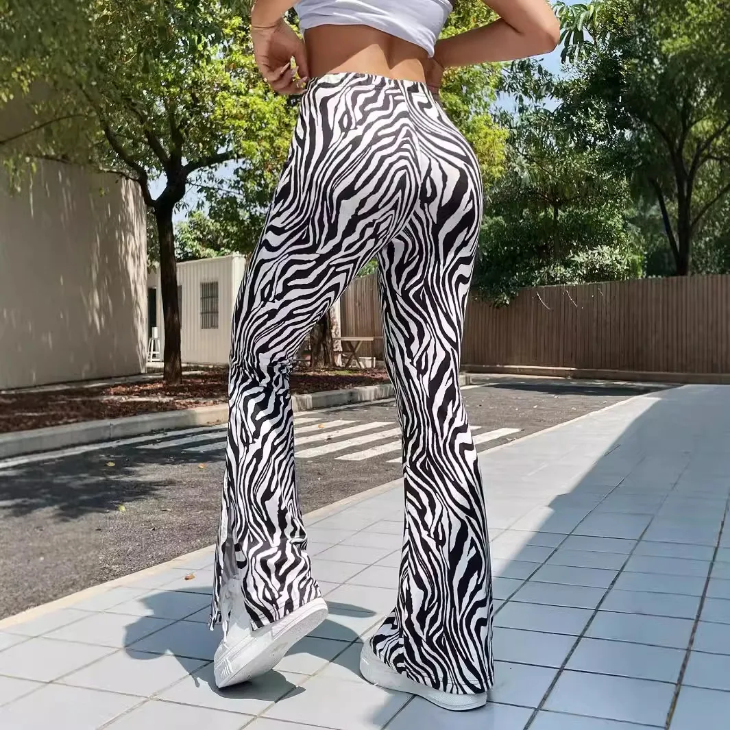 Pantalones acampanados mujer cebra cintura alta - usage example