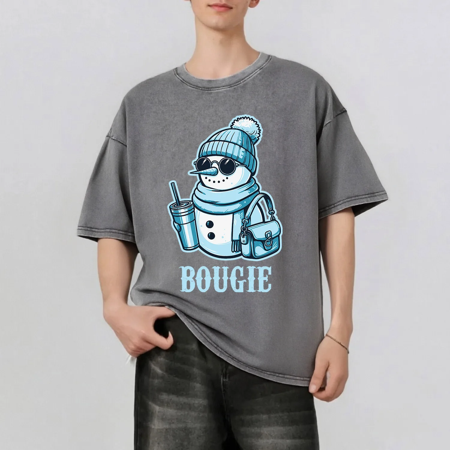 

Christmas Snowman Graphic Printing Men's Summer Retro Style Washed Water T-Shirt Casual Short Sleeved Basic Men's Top 230G