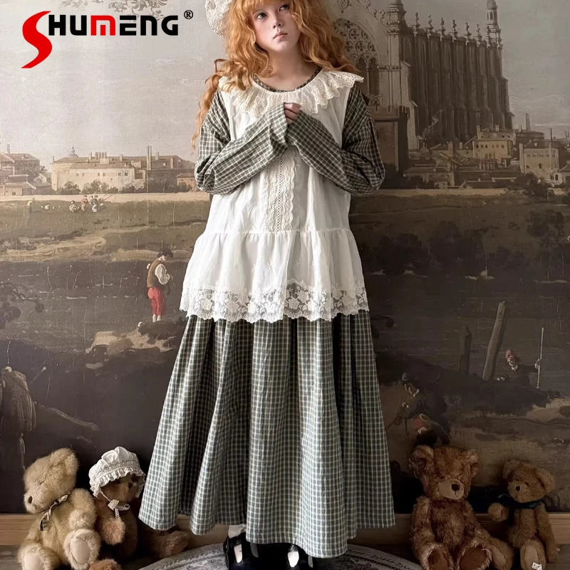 

2026 Spring Summer New Rojita Style Ruffle Round Neck Jacquard Lace Sleeveless Tank Top Long Sleeves Checkered Dress Y2k Clothes