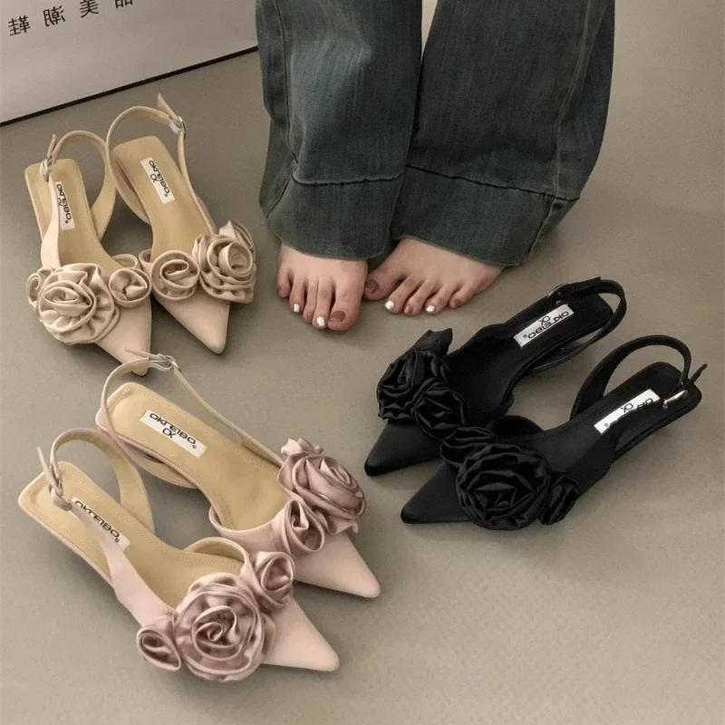 Elegant Woman Sandals High Heeled Sweet Rose Closed Toe Footwear 2024 Summer Slingback Pointed Fashion Dress Ladies Shoes