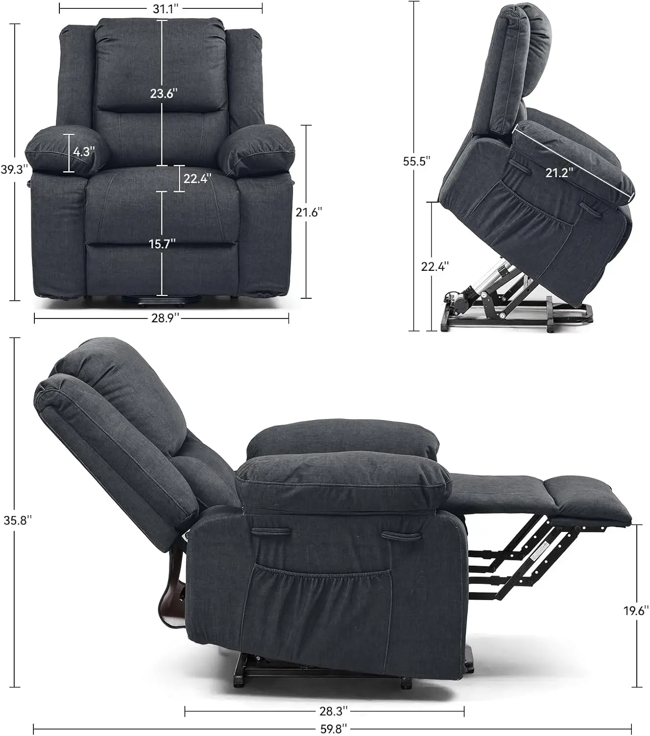 Lift Recliner Chair for Elderly Home Theater Sofa Chair with Back Massage, Heat, Infinite Position, Side Pockets,