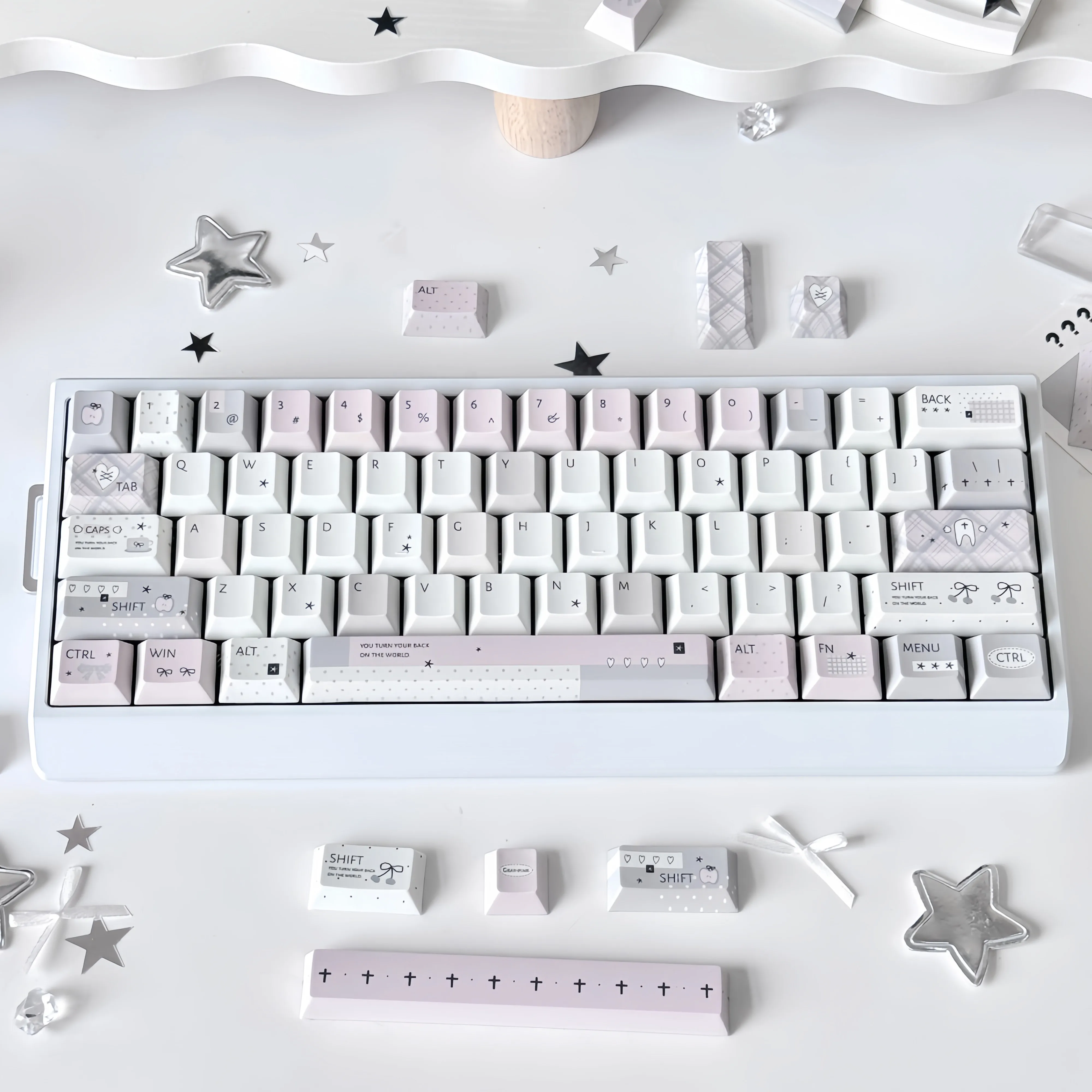 133 Key Grey-Pink Psychology Keycaps Girls Gift Cherry PBT Hot Dye-Sub Key Cap for Made68 Mad68 Wooting 60 Mechanical Keyboard